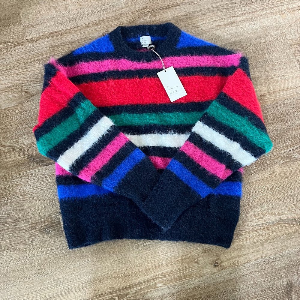 A New Day Fuzzy Striped Pullover Sweater Navy Size S - NWT